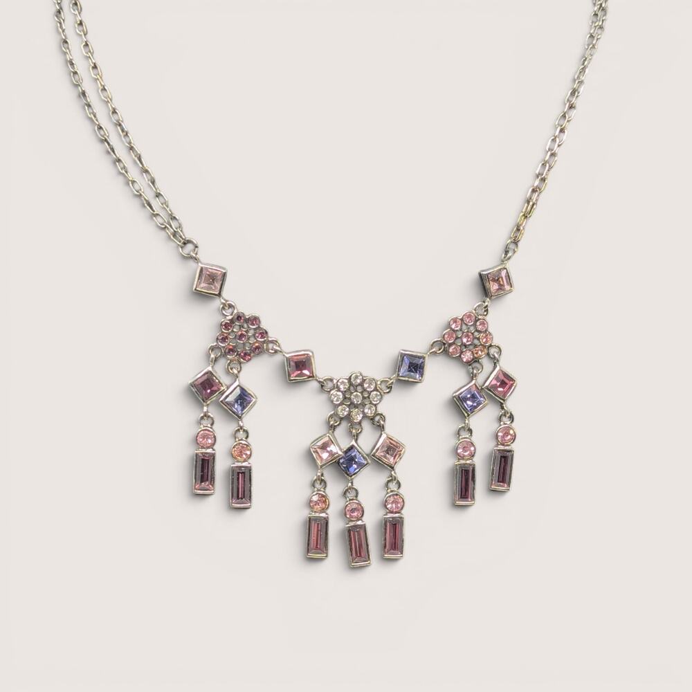 Vintage Silver Tone Multi Color Rhinestone Chandelier Necklace